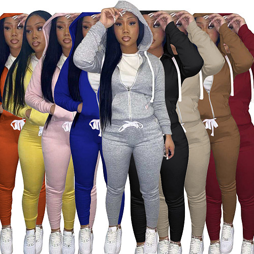 Solid Hooded Zip Sweatshirt Top Drawstring Pants Set MEHQ-1152