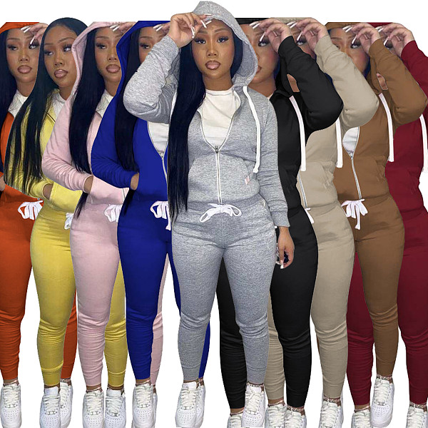 Solid Hooded Zip Sweatshirt Top Drawstring Pants Set MEHQ-1152