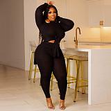 O Neck Long Sleeve Lace Up T Shirts Top Skinny Pants Set YNS-1869
