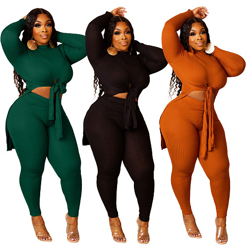 O Neck Long Sleeve Lace Up T Shirts Top Skinny Pants Set YNS-1869