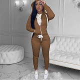Solid Hooded Zip Sweatshirt Top Drawstring Pants Set MEHQ-1152