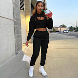 Women Long Sleeves Hooded Drawstring Solid Casual Pants Vest 3PCS Set CH-8193