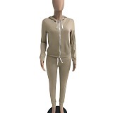 Solid Hooded Zip Sweatshirt Top Drawstring Pants Set MEHQ-1152