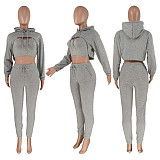 Women Long Sleeves Hooded Drawstring Solid Casual Pants Vest 3PCS Set CH-8193