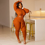O Neck Long Sleeve Lace Up T Shirts Top Skinny Pants Set YNS-1869