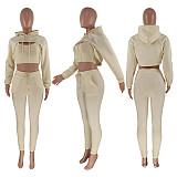 Women Long Sleeves Hooded Drawstring Solid Casual Pants Vest 3PCS Set CH-8193