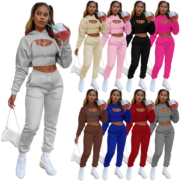 Women Long Sleeves Hooded Drawstring Solid Casual Pants Vest 3PCS Set CH-8193