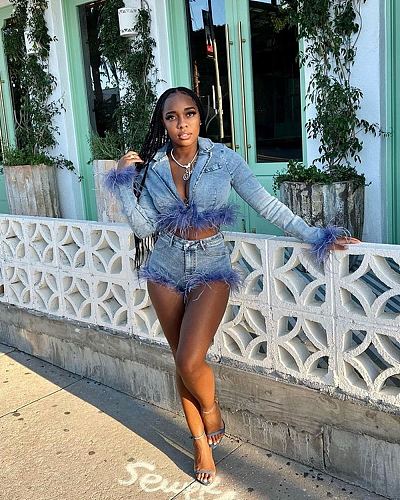 Feathers Long Sleeve Denim Jacket 2 Piece Shorts Set MEM-88459