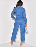Leisure Women Lapel Pockets Buttons Jumpsuits with Belt LX-6972