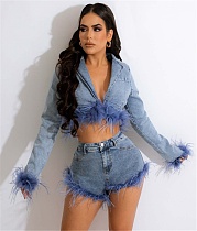 Feathers Long Sleeve Denim Jacket 2 Piece Shorts Set MEM-88459