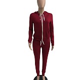 Solid Hooded Zip Sweatshirt Top Drawstring Pants Set MEHQ-1152