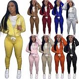 Solid Hooded Zip Sweatshirt Top Drawstring Pants Set MEHQ-1152