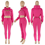 Women Long Sleeves Hooded Drawstring Solid Casual Pants Vest 3PCS Set CH-8193