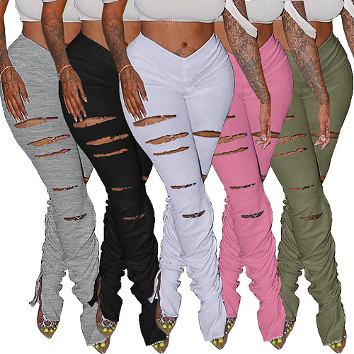 Sexy Broken Holes Folds Slits Flared Long Trousers ASL-6256