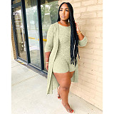 Fashion Pit Strip Solid Color Romper+Long Cape Two-piece Set MDF-5153