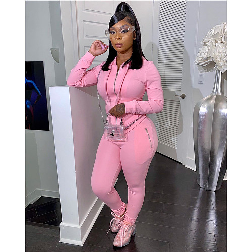Autumn Solid Color Zip-up Hooded Jacket Legging Two-piece Set CN-0052