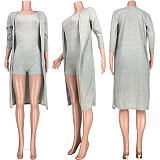 Fashion Pit Strip Solid Color Romper+Long Cape Two-piece Set MDF-5153