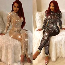 Sexy Skinny Hot Drilling Mesh Sequins Long Sleeve Jumpsuit ME-034
