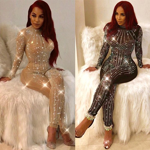 Sexy Skinny Hot Drilling Mesh Sequins Long Sleeve Jumpsuit ME-034