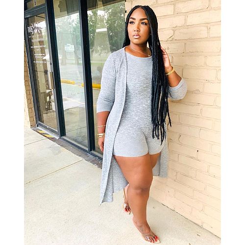 Fashion Pit Strip Solid Color Romper+Long Cape Two-piece Set MDF-5153