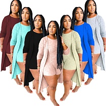 Fashion Pit Strip Solid Color Romper+Long Cape Two-piece Set MDF-5153