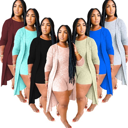 Fashion Pit Strip Solid Color Romper+Long Cape Two-piece Set MDF-5153