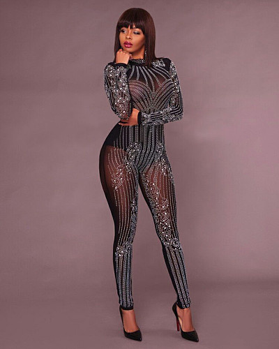 Sexy Skinny Hot Drilling Mesh Sequins Long Sleeve Jumpsuit ME-034