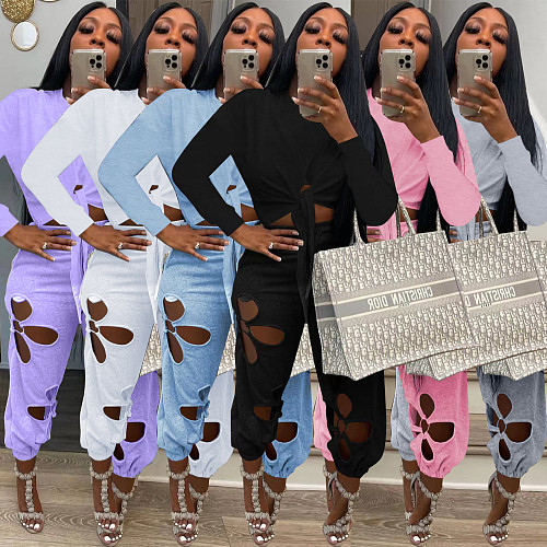 Women Knot Long Sleeve T-shirt Cutout Floral Jogger Pants Suit JINGJ-6086