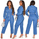 Leisure Women Lapel Pockets Buttons Jumpsuits with Belt LX-6972