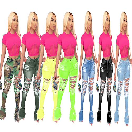 Hot Sales Hole Burning Flower Street Trend Hole Trumpet Jeans OD-8354