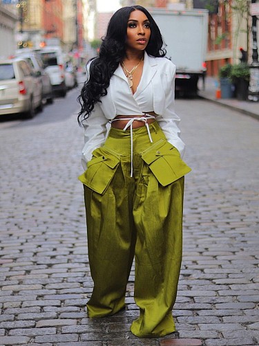Solid Colid Casual Street Detachable Pocket Wide Leg Cargo Pants ZS-0643