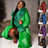 Women Leather Fur Collar Winter Fashion Lapel Long Sleeve PU Zipper Casual Womens Jackets RS-W140