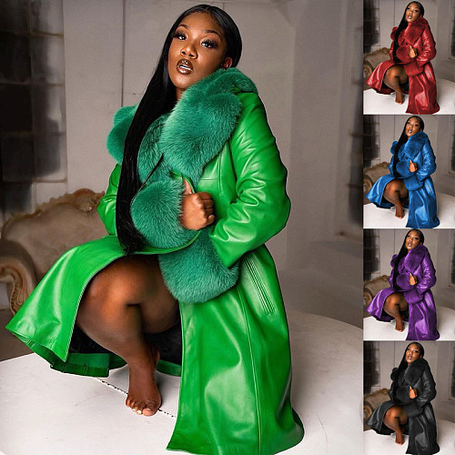 Women Leather Fur Collar Winter Fashion Lapel Long Sleeve PU Zipper Casual Womens Jackets RS-W140