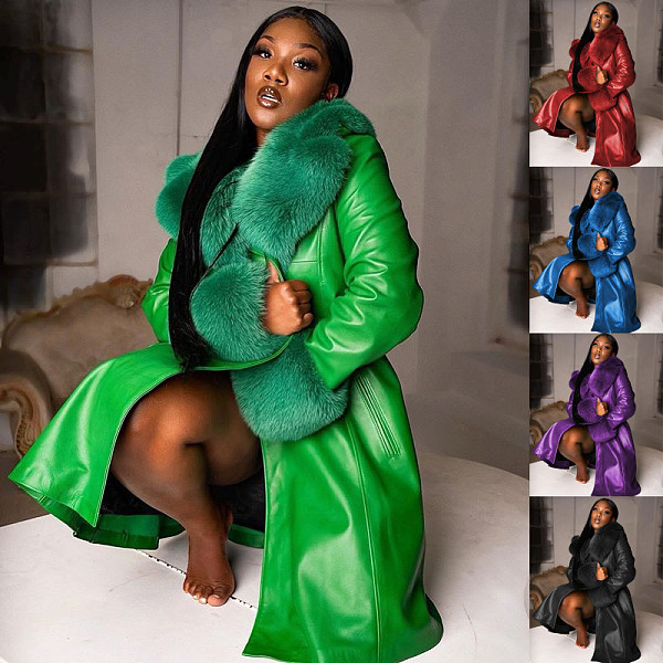 Women Leather Fur Collar Winter Fashion Lapel Long Sleeve PU Zipper Casual Womens Jackets RS-W140