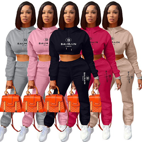 Women Fleece Printed Hoodies And Pant Casual Two-piece Set XING-330
