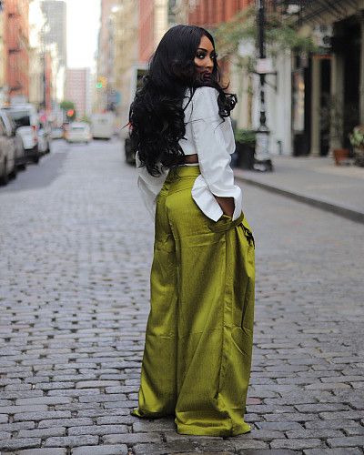 Solid Colid Casual Street Detachable Pocket Wide Leg Cargo Pants ZS-0643