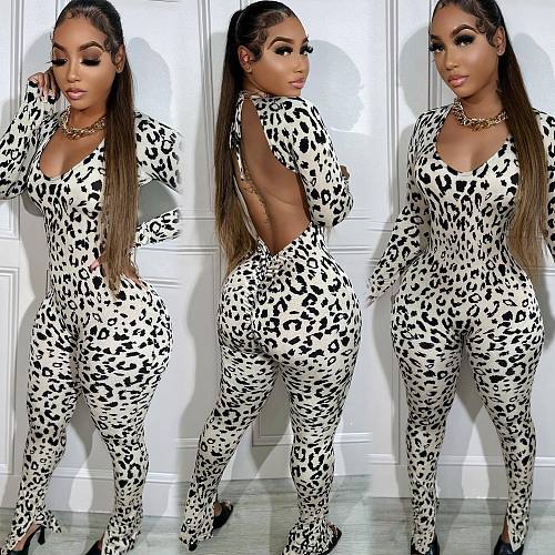 Sexy Backless Leopard Printed Long Jumpsuits OLY-6139