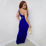 Sexy Single Shoulder Crop Top And Pleated Long Skirt 2 Piece Sets YF-9880