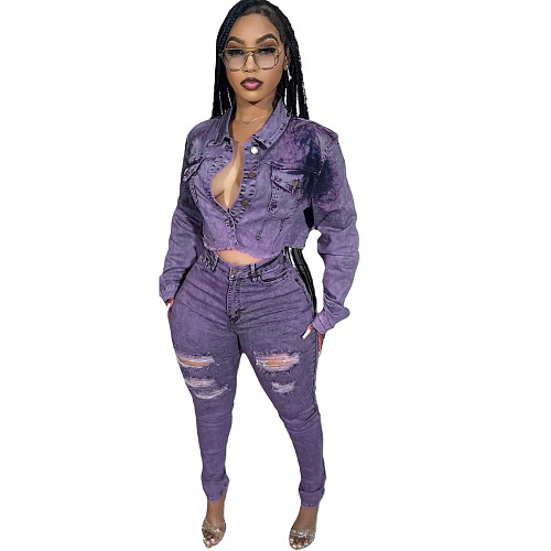 Stylish Women Long-sleeved Stretch Pants Denim Sets MEM-88531