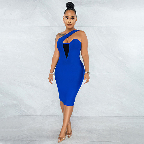 Sexy Oblique Shoulder Irregular Patchwork Slim Midi Dress YF-10038