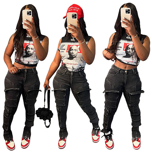Elastic Multi-Pocket Casual Cargo Denim Pants MEM-88516