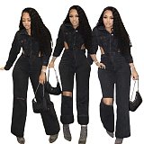 Black Denim Hollow Out Wide Leg Pants Jumpsuit MEM-88537