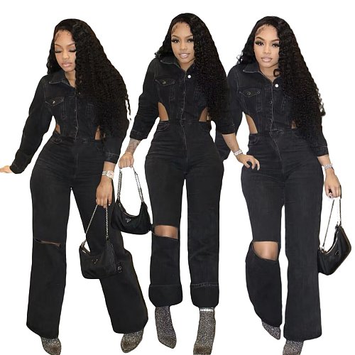 Black Denim Hollow Out Wide Leg Pants Jumpsuit MEM-88537