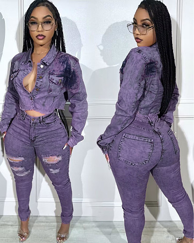 Stylish Women Long-sleeved Stretch Pants Denim Sets MEM-88531