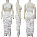 Sexy Single Shoulder Crop Top And Pleated Long Skirt 2 Piece Sets YF-9880