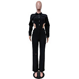 Black Denim Hollow Out Wide Leg Pants Jumpsuit MEM-88537