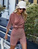 Ribbed Knit Matching Outfits T-shirt Biker Sleepwear Loungewear Sweatsuits RS-417427