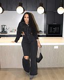 Black Denim Hollow Out Wide Leg Pants Jumpsuit MEM-88537