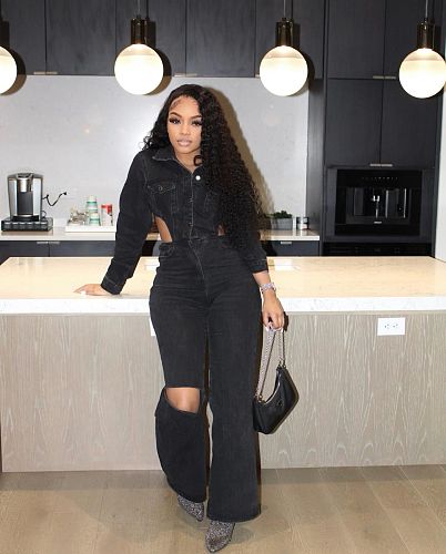 Black Denim Hollow Out Wide Leg Pants Jumpsuit MEM-88537