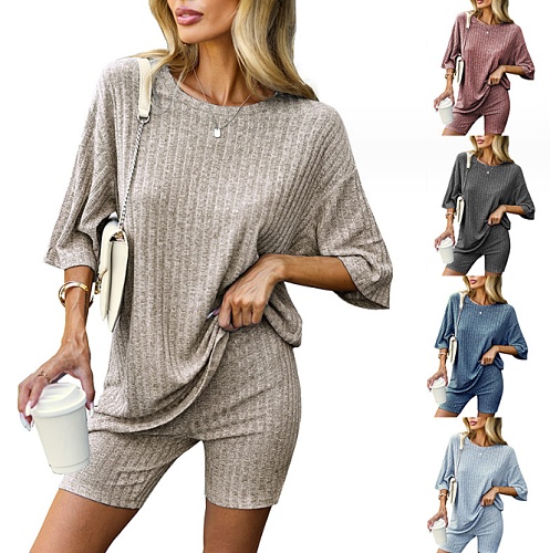 Ribbed Knit Matching Outfits T-shirt Biker Sleepwear Loungewear Sweatsuits RS-417427